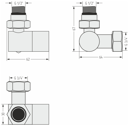 Вентиль 3D левый (под шестигранник) G 1/2" НР х G 3/4" НГ