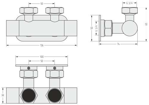 Вентиль 2х3/4" угловой скрытый-скрытый EU50