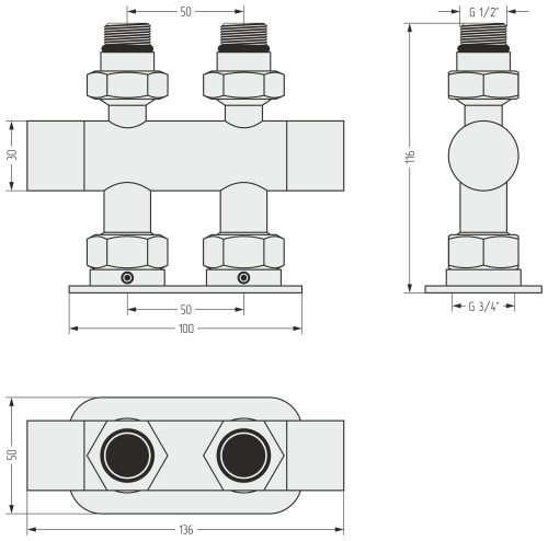 Вентиль 2х1/2" прямой скрытый-скрытый EU50